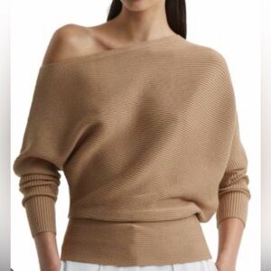 NWT $170 Reiss Camel Off-the-Shoulder Asymmetrical Sweater